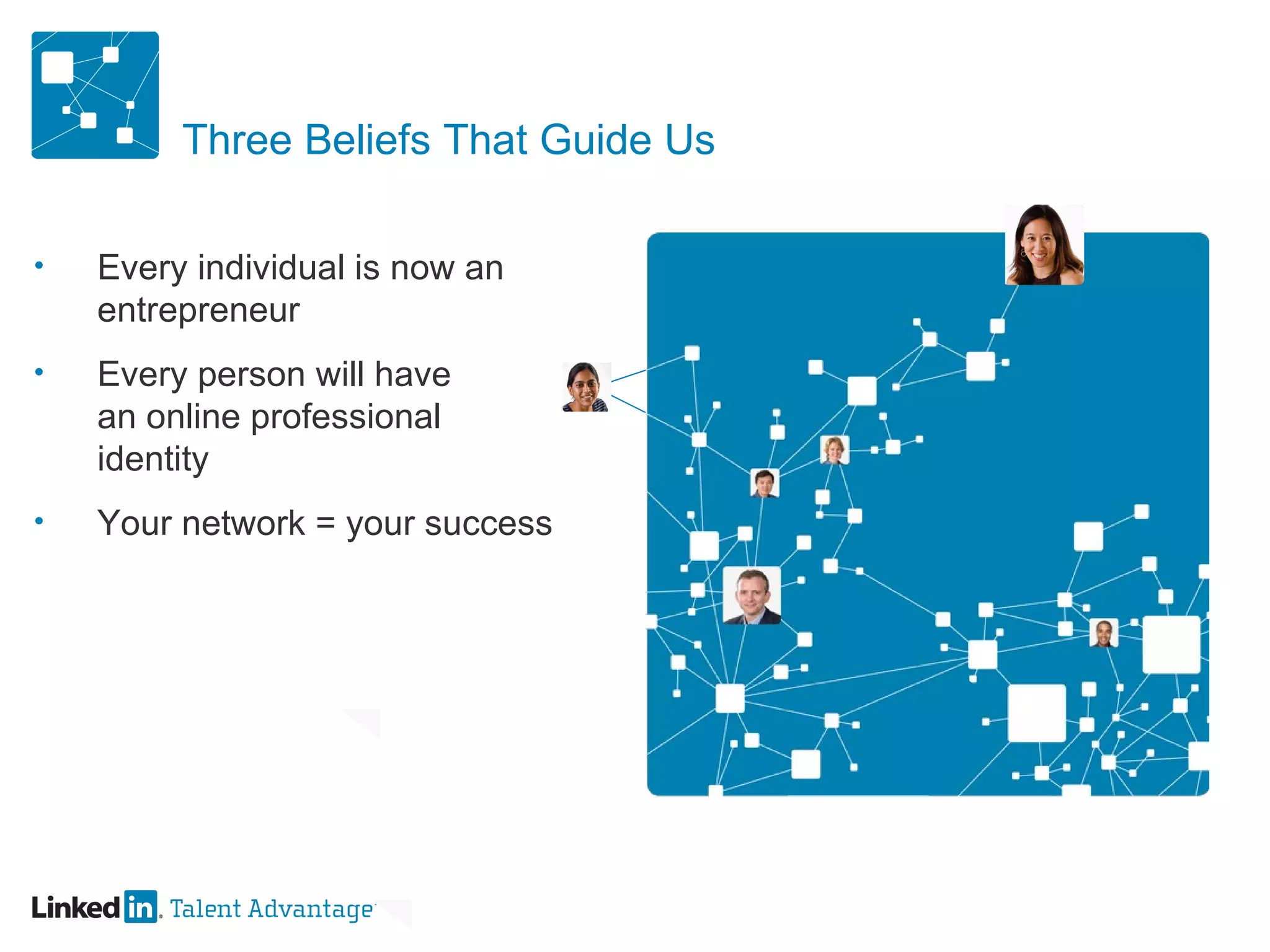 Three Beliefs That Guide Us Every individual is now an entrepreneur Every person will have  an online professional identity Your network = your success 