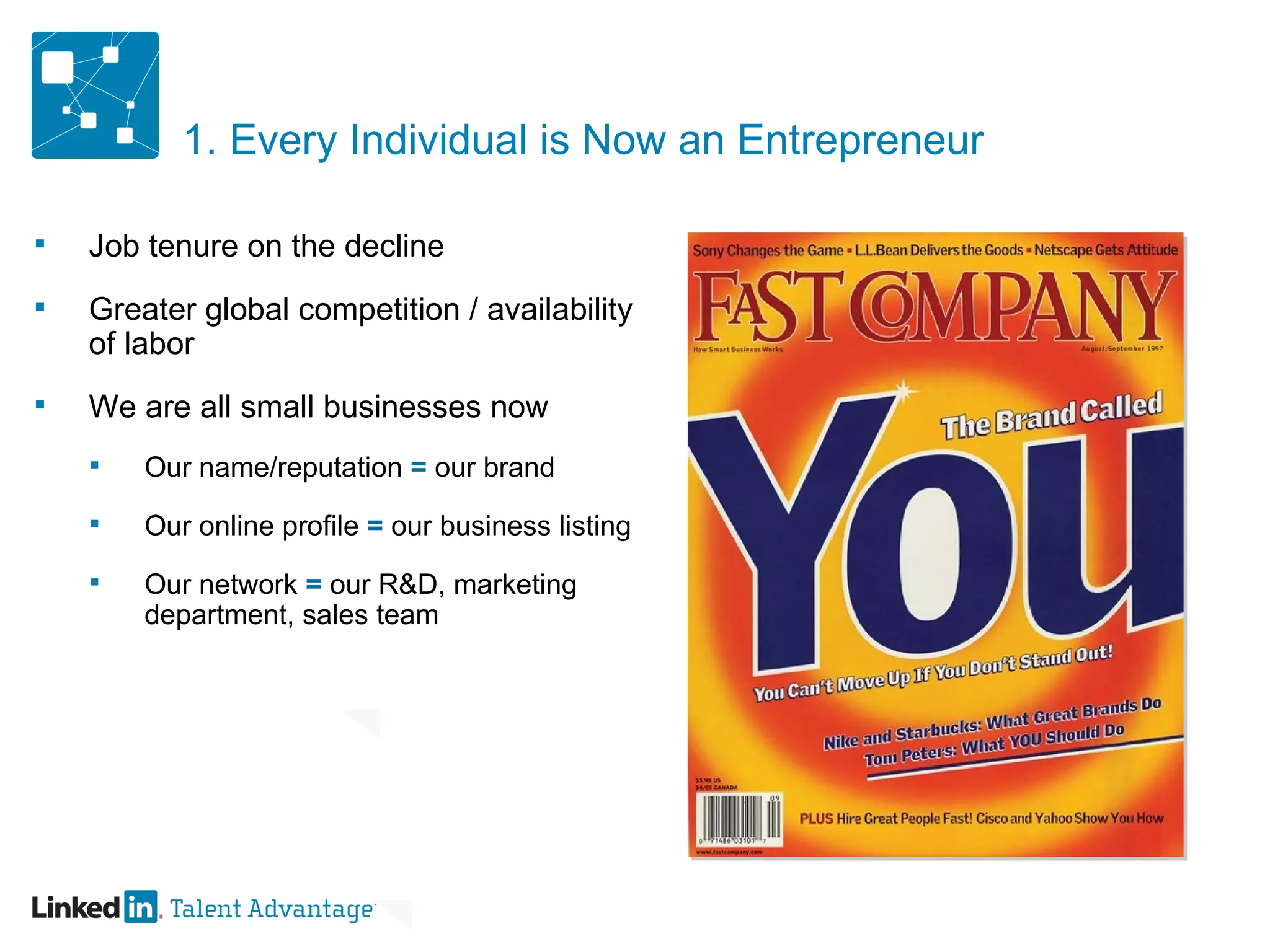1. Every Individual is Now an Entrepreneur Job tenure on the decline Greater global competition / availability of labor We are all small businesses now  Our name/reputation  =  our brand Our online profile  =  our business listing Our network  =  our R&D, marketing department, sales team 
