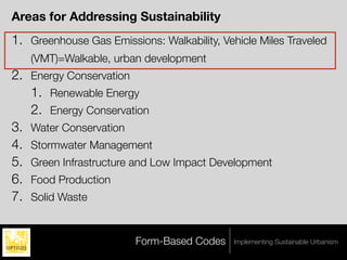 Areas for Addressing Sustainability
1. Greenhouse Gas Emissions: Walkability, Vehicle Miles Traveled
   (VMT)=Walkable, urban development
2. Energy Conservation
   1. Renewable Energy
   2. Energy Conservation
3. Water Conservation
4. Stormwater Management
5. Green Infrastructure and Low Impact Development
6. Food Production
7. Solid Waste


                         Form-Based Codes    Implementing Sustainable Urbanism
 