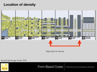 Location of density




 T1   NATURAL
      ZONE      T2   RURAL
                     ZONE       T3 SUB-URBAN
                                   ZONE        T4   GENERAL URBAN
                                                    ZONE            T5 URBAN CENTER T6 URBAN CORE
                                                                       ZONE            ZONE         SD SPECIAL
                                                                                                       DISTRICT




                                                     Right place for density



SmartCode (Image Credit: DPZ)


                                          Form-Based Codes                     Implementing Sustainable Urbanism
 