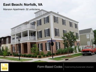 East Beach: Norfolk, VA
Mansion Apartment- 32 units/acre




                              Form-Based Codes   Implementing Sustainable Urbanism
 