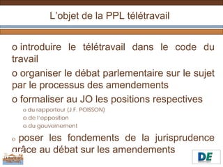 L’objet de la PPL télétravail


o introduire le télétravail dans le code du
travail
o organiser le débat parlementaire sur le sujet
par le processus des amendements
o formaliser au JO les positions respectives
    o du rapporteur (J.F. POISSON)
    o de l’opposition
    o du gouvernement

oposer les fondements de la jurisprudence
grâce au débat sur les amendements
 