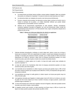 Jueves 9 de junio de 2016 DIARIO OFICIAL (Primera Sección) 47
7.4 Prueba de vida
7.4.1 Requerimientos
7.4.1.1 Generalidades
a. Los especímenes que tengan piezas movibles o piezas sujetas a desgaste, deben ser probados
de acuerdo a lo indicado en el apartado 7.4.2 para el número de ciclos descritos en la Tabla 7.
b. Los elementos deben ser instalados de acuerdo a las instrucciones del fabricante.
c. Durante o después de las pruebas, los elementos a probar deben continuar su función como lo
hicieron al principio de la prueba, y no deben desarrollar defectos que puedan afectar
negativamente su funcionalidad, servicio o apariencia.
d. Además de los requerimientos especificados en éste apartado, válvulas, mezcladoras,
rociadores regaderas manuales de fregadero, así como las derivaciones, deben cumplir los
requerimientos de las fracciones I a VIII del presente inciso, según corresponda, después de la
prueba de ciclo de vida.
Tabla 7.- Número de ciclos para determinar de vida de un espécimen
Tipo de mecanismo Ciclos de vida
Grifo institucional 100 000
Cartucho compresión 50 000
Cartucho cerámico 50 000
Cuello de ganso 10 000
Jardín 10 000
Seccionamiento 1 000
I. Válvulas activadas manualmente o mediante un control, deben abrir, operar y cerrar con un torque o
fuerza que no exceda el 120% de lo especificado en la tabla 6, cuando sean probados de acuerdo al
apartado 7.3 (excepto para válvulas de diseño accesible, que no debe exceder el 100% de la fuerza
especificada en la tabla 6). Asimismo, deben tener el empaque previamente ajustado a la rosca
durante la prueba, para evitar el goteo a través de la conexión de entrada (shank).
II. Las mezcladoras no deben gotear por el cuello o la base del cuello cuando sean probadas de
acuerdo al apartado 7.3
III. La base del cuello de las mezcladoras debe tener el empaque previamente ajustado a la rosca
durante la prueba, para evitar el goteo.
IV. Los manerales de las mezcladoras no deben requerir una fuerza para girarlas mayor a 45N, al final
de la llave cuando la presión que se aplique sea de 860 kPa ± 6 kPa y la temperatura del agua esté a
temperatura ambiente.
V. Las mezcladoras que tengan el cuello giratorio no deben requerir una fuerza para girarlo mayor de
45N al final del cuello.
VI. Las regaderas manuales para fregadero no deben gotear más de 35 ml/min en la rótula (a una razón
de goteo de 35 ml como máximo por minuto, durante 5 minutos), en alguna posición, cuando sean
probadas según el apartado 7.3.
VII. La tuerca del empaque de la rótula de la regadera manual de fregadero, debe estar ajustada durante
la prueba, para reducir el goteo, cuando aplique.
VIII. La regadera manual, para moverla, no debe requerirse una fuerza mayor a 45N en el punto más
lejano a la rótula cuando la presión del suministro sea 860 ± 6 kPa.
 