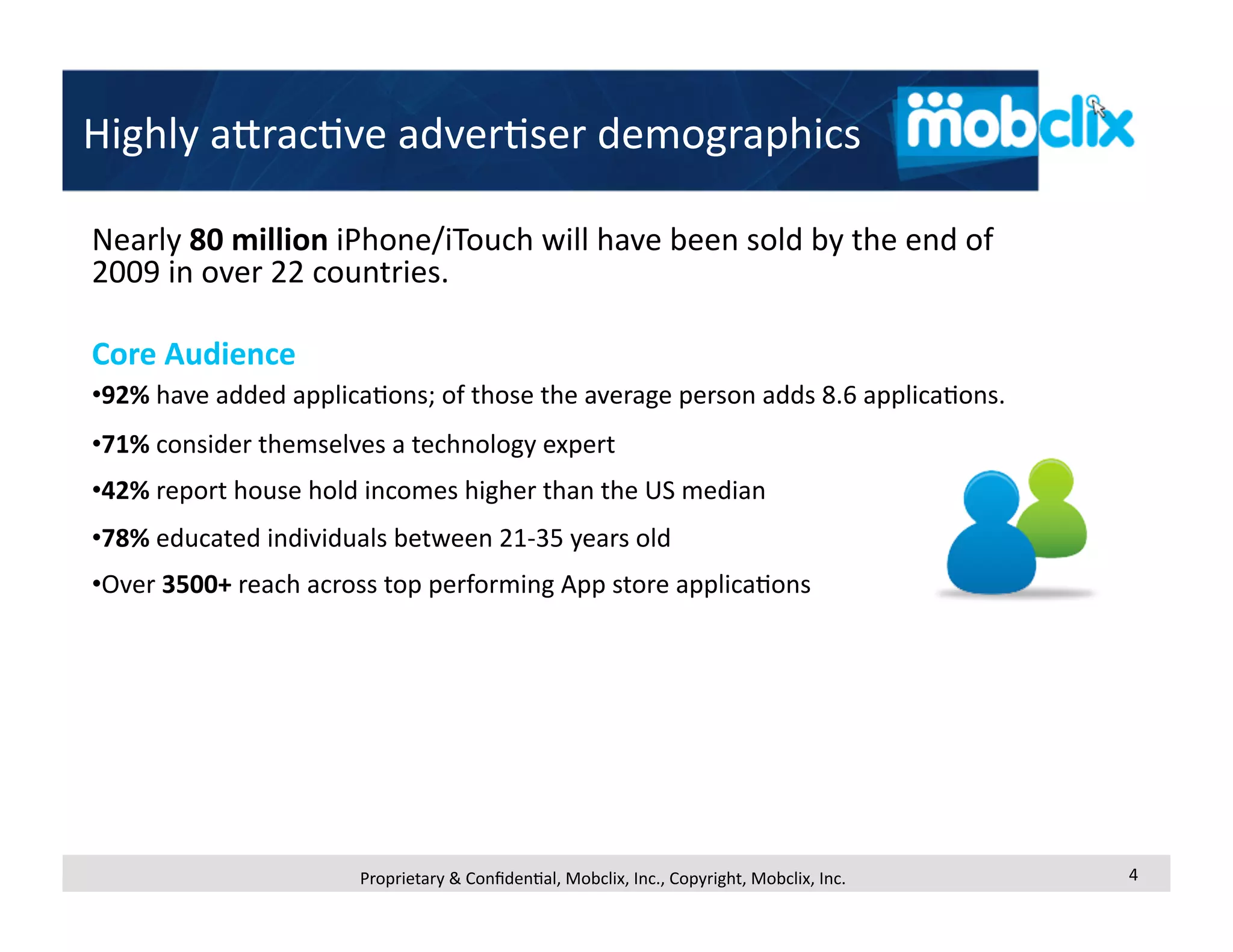 Highly aUrac4ve adver4ser demographics 

Nearly 80 million iPhone/iTouch will have been sold by the end of 
2009 in over 22 countries. 

Core Audience 
• 92% have added applica4ons; of those the average person adds 8.6 applica4ons.  
• 71% consider themselves a technology expert 
• 42% report house hold incomes higher than the US median 
• 78% educated individuals between 21‐35 years old 
• Over 3500+ reach across top performing App store applica4ons 




                       Proprietary & Conﬁden4al, Mobclix, Inc., Copyright, Mobclix, Inc.    4 
 