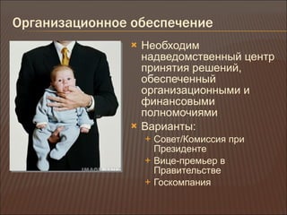Организационное обеспечение Необходим надведомственный центр принятия решений, обеспеченный организационными и финансовыми полномочиями Варианты : Совет / Комиссия при Президенте Вице-премьер в Правительстве Госкомпания 