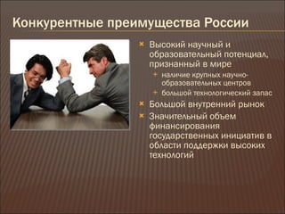 Конкурентные преимущества России Высокий научный и образовательный потенциал, признанный в мире наличие крупных научно-образовательных центров  большой технологический запас Большой внутренний рынок Значительный объем финансирования государственных инициатив в области поддержки высоких технологий 