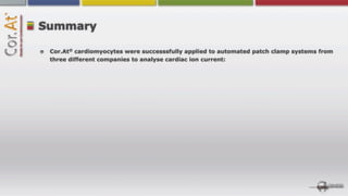 Summary

 Cor.At® cardiomyocytes were successsfully applied to automated patch clamp systems from
 three different companies to analyse cardiac ion current:
 
