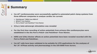 Summary

 Cor.At® cardiomyocytes were successsfully applied to automated patch clamp systems from
 three different companies to analyse cardiac ion current:
   PatchXpress® 7000A from MDS-AT
   QPatch® from Sophion
   Port-a-Patch® and Patchliner® from Nanion

 I(Ca,L) beta-adrenergic stimulation was revealed

 For the first time recording of action potentials from primary-like cardiomyocytes were
 established in the the Port-a-Patch® and Patchliner® from Nanion.

 hERG and I(Na) blocker effects on action potentials have been revealed recorded with the
 Port-a-Patch and Patchliner.

 Cor.At® cells have been validated to be suitable for HTS applications for the analyses of
 Na+/K+-ATPase activity and pharmacology in the ICR 8000 from Aurora.
 