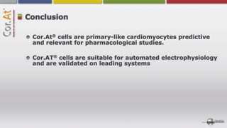 Conclusion

       ®
 Cor.At cells are primary-like cardiomyocytes predictive
 and relevant for pharmacological studies.

       ®
 Cor.AT cells are suitable for automated electrophysiology
 and are validated on leading systems
 
