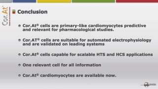 Conclusion

       ®
 Cor.At cells are primary-like cardiomyocytes predictive
 and relevant for pharmacological studies.

       ®
 Cor.AT cells are suitable for automated electrophysiology
 and are validated on leading systems

       ®
 Cor.At cells capable for scalable HTS and HCS applications

 One relevant cell for all information

       ®
 Cor.At cardiomyocytes are available now.
 