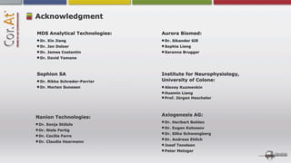 Acknowledgment

MDS Analytical Technologies:   Aurora Biomed:
 Dr. Xin Jiang                  Dr. Sikander Gill
 Dr. Jan Dolzer                 Sophia Liang
 Dr. James Costantin            Saranna Brugger
 Dr. David Yamane



Sophion SA                     Institute for Neurophysiology,
 Dr. Rikke Schrøder-Perrier    University of Colone:
 Dr. Morten Sunesen             Alexey Kuzmenkin
                                Huamin Liang
                                Prof. Jürgen Hescheler



                               Axiogenesis AG:
Nanion Technologies:
                                Dr. Heribert Bohlen
 Dr. Sonja Stölzle
                                Dr. Eugen Kolossov
 Dr. Niels Fertig
                                Dr. Silke Schwengberg
 Dr. Cecilia Farre
                                Dr. Andreas Ehlich
 Dr. Claudia Haarmann
                                Josef Tenelsen
                                Peter Metzger
 