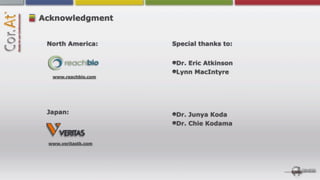 Acknowledgment


 North America:      Special thanks to:


                      Dr. Eric Atkinson
                      Lynn MacIntyre
  www.reachbio.com




 Japan:               Dr. Junya Koda
                      Dr. Chie Kodama


 www.veritastk.com
 