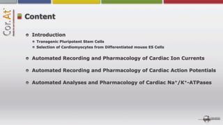 Content

 Introduction
  Transgenic Pluripotent Stem Cells
  Selection of Cardiomyocytes from Differentiated mouse ES Cells


 Automated Recording and Pharmacology of Cardiac Ion Currents

 Automated Recording and Pharmacology of Cardiac Action Potentials

 Automated Analyses and Pharmacology of Cardiac Na+/K+-ATPases
 