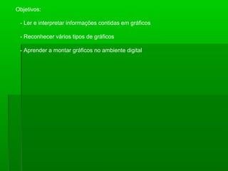 Objetivos: - Ler e interpretar informações contidas em gráficos - Reconhecer vários tipos de gráficos - Aprender a montar gráficos no ambiente digital 