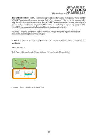 To be published in
27
The table of contents entry. Schematic representation between a biological synapse and the
NOMFET (nanoparticle organic memory field effect transistor). Charges in the nanoparticles
play the role of the neurotransmitters. The NOMFET reproduces the short-term plasticity of a
spiking synapse and can be programmed to work as a facilitating or depressing synapse. The
NOMFET is a nanocomputing building block with acquired behavior.
Keyword : Organic electronics, hybrid materials, charge transport, organic field-effect
transistors, neuromorphic device, synapse
F. Alibart, S. Pleutin, D. Guérin, C. Novembre, S. Lenfant, K. Lmimouni, C. Gamrat and D.
Vuillaume.
Title ((no stars))
ToC figure ((55 mm broad, 50 mm high, or 110 mm broad, 20 mm high))
Column Title: F. Alibart et al./Short title
 