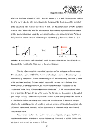 To be published in
30
where the summation runs over all the NPs which are labelled by . n is the number of holes stored in
the NP (n =0, 1, 2,…), q is the elementary electric charge, 0 and r denote as usual the permittivity
of the vacuum and of the material, respectively. and are the position vectors of the NP and the
quantum state i, respectively. Note that the summation does not show any divergence since the NPs
and the quantum state never occupy the same spatial location. i is a stochastic variable. We face a
new percolation problem where all the site energies are shifted up by the repulsive terms, i i+ i.
Figure S1. a, The quantum state energies are shifted up by the interaction with the charged NPs. b,
Equivalently the Fermi level is shifted down by the same interaction.
When the NPs are positively charged the conductance of the pentacene thin film decreases.
This is due to the exponential DOS. The Fermi level is fixed by the electrodes. The site energies are
all shifted up by the repulsive Coulomb interaction (Figure S1) and consequently the number of states
at the Fermi level is reduced. Since we are only interested to calculate the conductance of the
NOMFET this is, to a first approximation, the only important information. This decrease of the
conductance can be simply modeled by keeping the unperturbed DOS and shifting down the Fermi
level by a constant (Figure S1). We further assume that the value of depends only on the applied
gate voltage. Choosing a particular voltage fixes the number of positive charges trapped in the NPs. It
is clear however that the precise way these charges are distributed in the NPs should in principle
influence the transport properties but, how this is done and how large is this dependence remain to be
understood. Nevertheless, it turns out that our approximation is sufficient to model our data with a
reasonable accuracy.
To summarize, the effect of the repulsive interaction due to positive charges in the NPs is to
reduce the Fermi energy by an amount that is related to the total number of charges trapped in the
particles. In other terms, it is a function of VG. Then
r ri
 