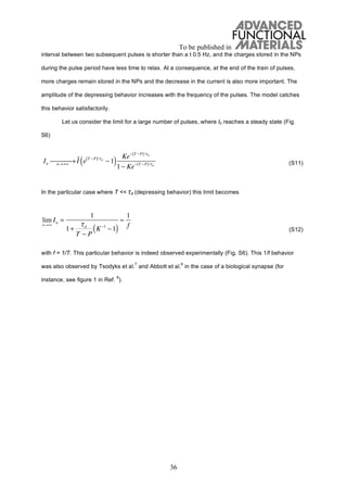 To be published in
36
interval between two subsequent pulses is shorter than a t 0.5 Hz, and the charges stored in the NPs
during the pulse period have less time to relax. At a consequence, at the end of the train of pulses,
more charges remain stored in the NPs and the decrease in the current is also more important. The
amplitude of the depressing behavior increases with the frequency of the pulses. The model catches
this behavior satisfactorily.
Let us consider the limit for a large number of pulses, where In reaches a steady state (Fig.
S6)
(S11)
In the particular case where T << d (depressing behavior) this limit becomes
(S12)
with f = 1/T. This particular behavior is indeed observed experimentally (Fig. S6). This 1/f behavior
was also observed by Tsodyks et al.
7
and Abbott et al.
6
in the case of a biological synapse (for
instance, see figure 1 in Ref.
6
).
In n +
I e T P( )/ d
1( ) Ke T P( )/ d
1 Ke T P( )/ d
lim
n
In =
1
1+ d
T P
K 1
1( )
1
f
 