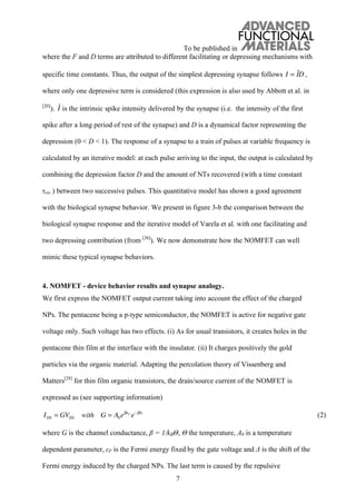 To be published in
7
where the F and D terms are attributed to different facilitating or depressing mechanisms with
specific time constants. Thus, the output of the simplest depressing synapse follows I = ID ,
where only one depressive term is considered (this expression is also used by Abbott et al. in
[20]
). I is the intrinsic spike intensity delivered by the synapse (i.e. the intensity of the first
spike after a long period of rest of the synapse) and D is a dynamical factor representing the
depression (0 < D < 1). The response of a synapse to a train of pulses at variable frequency is
calculated by an iterative model: at each pulse arriving to the input, the output is calculated by
combining the depression factor D and the amount of NTs recovered (with a time constant
rec ) between two successive pulses. This quantitative model has shown a good agreement
with the biological synapse behavior. We present in figure 3-b the comparison between the
biological synapse response and the iterative model of Varela et al. with one facilitating and
two depressing contribution (from [26]
). We now demonstrate how the NOMFET can well
mimic these typical synapse behaviors.
4. NOMFET - device behavior results and synapse analogy.
We first express the NOMFET output current taking into account the effect of the charged
NPs. The pentacene being a p-type semiconductor, the NOMFET is active for negative gate
voltage only. Such voltage has two effects. (i) As for usual transistors, it creates holes in the
pentacene thin film at the interface with the insulator. (ii) It charges positively the gold
particles via the organic material. Adapting the percolation theory of Vissenberg and
Matters[28]
for thin film organic transistors, the drain/source current of the NOMFET is
expressed as (see supporting information)
IDS = GVDS with G = A0e F
e (2)
where G is the channel conductance, = 1/kB , the temperature, A0 is a temperature
dependent parameter, F is the Fermi energy fixed by the gate voltage and is the shift of the
Fermi energy induced by the charged NPs. The last term is caused by the repulsive
 