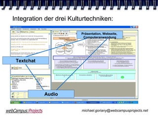 Integration der drei Kulturtechniken:

                         Präsentation, Webseite,
                          Computeranwendung




 Textchat




            Audio


                         michael.goriany@webcampusprojects.net
 