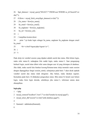 26 $get_datauser = mysql_query("SELECT * FROM user WHERE us_id=$userid") or
die("");
27 if ($row = mysql_fetch_array($get_datauser) or die(""))
28 { $u_nama = $row[us_nama];
29 $u_email = $row[us_email];
30 $u_angkatan = $row[us_angkatan];
31 $u_url = $row[us_url];
32 }
33 // tampilkan konten disini
34 print "<p>Anda login sebagai $u_nama, angkatan $u_angkatan dengan email
$u_email
35 <br><a href=logout.php>logout</a>";
36 }
37 ?>
Pada skrip ini variabel session yang dipakai adalah userid dan status. Bila belum login,
maka nilai status=0, sedangkan bila sudah login, maka status=1. Saat pengunjung
berhasil login, userid akan diberi nilai sama dengan user id yang disimpan di database.
Jika tidak, maka userid kita biarkan kosong.Pertama-tama skrip memulai suatu session
dengan dipanggilnya fungsi session_start(), selanjutnya pada baris 7 akan dicek apakah
variabel userid dan status telah diregister. Jika belum, maka lakukan register.
Kemudian pada baris 14 dilakukan pengecekan status. Bila status=0, berarti user belum
login, maka form login dicetak, sebaliknya jika status=1, informasi utama akan
ditampilkan.
login.php
1 <?php
2 mysql_connect("localhost","root","") or die("koneksi ke mysql gagal");
3 mysql_select_db("session") or die("selek database gagal");
4
5 $namaid = addslashes($namaid);
6
14
 