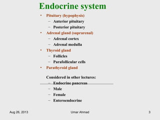 Endocrine system
• Pituitary (hypophysis)
– Anterior pituitary
– Posterior pituitary
• Adrenal gland (suprarenal)
– Adrenal cortex
– Adrenal medulla
• Thyroid gland
– Follicles
– Parafollicular cells
• Parathyroid gland
Considered in other lectures:
– Endocrine pancreas
– Male
– Female
– Enteroendocrine
Aug 26, 2013 Umar Ahmad 3
 