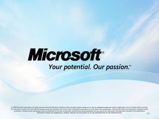 © 2009 Microsoft Corporation. All rights reserved. Microsoft, Windows, Windows Vista and other product names are or may be registered trademarks and/or trademarks in the U.S. and/or other countries.
The information herein is for informational purposes only and represents the current view of Microsoft Corporation as of the date of this presentation. Because Microsoft must respond to changing market
    conditions, it should not be interpreted to be a commitment on the part of Microsoft, and Microsoft cannot guarantee the accuracy of any information provided after the date of this presentation.
                                        MICROSOFT MAKES NO WARRANTIES, EXPRESS, IMPLIED OR STATUTORY, AS TO THE INFORMATION IN THIS PRESENTATION.
                                                                                                                                                                                                      28
 