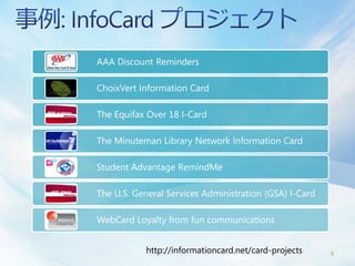 AAA Discount Reminders

ChoixVert Information Card

The Equifax Over 18 I-Card

The Minuteman Library Network Information Card

Student Advantage RemindMe

The U.S. General Services Administration (GSA) I-Card

WebCard Loyalty from fun communications


           http://informationcard.net/card-projects     9
 