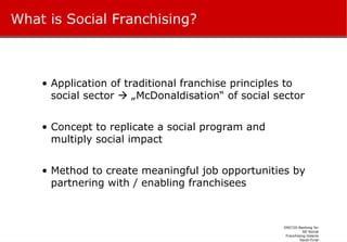 What is Social Franchising? Application of traditional franchise principles to social sector    „McDonaldisation“ of social sector Concept to replicate a social program and multiply social impact Method to create meaningful job opportunities by partnering with / enabling franchisees 