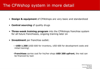 The CFWshop system in more detail D esign & equipment  of CFWshops are very basic and standardized Central sourcing  of quality drugs Three-week training program  into the CFWshops franchise system for all future franchisees, ongoing training later on Investment  per franchise outlet:  ~ USD 1.200  (USD 600 for inventory, USD 600 for  development costs and initial training) Franchisee  carries cost for his/her shop : USD 200 upfront , the rest can be financed by loan 