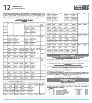 12                         sextA-feiRA
                           9 de setembro de 2011
                                                                                                                                                                                                        Diário Oficial
                                                                                                                                                                                                         GUARUJÁ
O Presidente do Conselho Municipal dos Direitos da Criança e do Adolescente de Guarujá – CMDCA,                                   MARCELA        MARCELA            CRISTINA         RAILDA         CRISTINA          SODRÉ        RAILDA
no uso das atribuições legais estabelecidas na Lei Municipal nº 3.382, de 07 de junho de 2006, em cum-
                                                                                                                                  CRISTINA       CRISTINA                            SODRÉ          RAILDA
primento a Lei Federal nº. 8.069, de 13 de julho de 1990 – Estatuto da Criança e do Adolescente, torna
publica a escala de trabalho semanal e dos plantões noturnos e de fins de semana dos Conselheiros                                 RAILDA         GILMARA                             GILMARA        SODRÉ
Tutelares de Guarujá e de Vicente de Carvalho, referente ao mês de Setembro de 2011.                                              N - SODRÉ      N - RAILDA                          N - MARCELA    N - GILMARA
                                 Guarujá, 08 de setembro de 2011
                                                                                                                                  F - GILMARA    F - SODRÉ                           F - CRISTINA   F - MARCELA
                              Marco Antonio Magalhães Duarte silva
                                              Presidente
              ESCALA MENSAL – SETEMBRO - VICENTE DE CARVALHO                                                                      Seg. 12/09     Ter. 13/09         Quar. 14/09      Quint. 15/09   Sex. 16/09        Sab. 17/09   Dom. 18/09

                                                                                                                      Dom.        MARCELA        RAILDA             CRISTINA         MARCELA        MARCELA           CRISTINA     MARCELA
                                                                  Quin. 01/09        Sext. 02/09       Sab. 03/09
                                                                                                                      04/08
                                                                                                                                  SODRÉ          SODRÉ              RAILDA           CRISTINA       CRISTINA
                                                                  ADRIANA            MARCELLE
                                                                                                                                  GILMARA        GILMARA            SODRÉ            RAILDA         GILMARA
                                                                  JACQUELINE         ADRIANA
                                                                                                                                  N - CRISTINA   N - MARCELA        N - GILMARA      N - SODRÉ      N - RAILDA
                                                                  RAFAEL             RAFAEL            ADRIANA        RAFAEL
                                                                                                                                  F - RAILDA     F - CRISTINA       F - MARCELA      F - GILMARA    F - SODRÉ
                                                                  JANICE             JACQUELINE
                                                                  MARCELLE           JANICE
                                                                                                                                  Seg. 19/09     Ter. 20/09         Quar. 21/09      Quint. 22/09   Sext. 23/09       Sab. 24/09   Dom. 25/09
                                                                                                                                  CRISTINA       MARCELA            MARCELA          MARCELA        RAILDA            GILMARA      SODRÉ
                                                                                                                      Dom.
              Seg. 05/09        Ter. 06/09        Quar. 07/09     Quint. 08/09       Sex. 09/09        Sab. 10/09                 RAILDA         CRISTINA           CRISTINA         SODRÉ          SODRÉ
                                                                                                                      11/09
                                                                                                                                  SODRÉ          RAILDA             GILMARA          GILMARA        GILMARA
              ADRIANA           RAFAEL                            JANICE             JACQUELINE
                                                                                                                                  N - GILMARA    N - SODRÉ          N - RAILDA       N - CRISTINA   N - MARCELA
              JACQUELINE        ADRIANA                           MARCELLE           JANICE
                                                                                                                                  F - MARCELA    F - GILMARA        F - SODRÉ        F - RAILDA     F - CRISTINA
              JANICE            JACQUELINE        JACQUELINE      RAFAEL             MARCELLE          MARCELLE       JANICE
 Noturno      MARCELLE          JANICE                            ADRIANA            RAFAEL
                                                                                                                                  Seg. 26/09     Ter. 27/09         Quar. 28/09      Quin. 29/09    Sext. 30/09       Sab. 01/10   Dom. 02/10
 Folga        RAFAEL            MARCELLE                          JACQUELINE         ADRIANA
                                                                                                                                  MARCELA        MARCELA            RAILDA           CRISTINA       MARCELA           RAILDA       CRISTINA
                                                                                                                                  CRISTINA       SODRÉ              SODRÉ            RAILDA         CRISTINA
                                                                                                                      Dom.
              Seg. 12/09        Ter. 13/09        Quar. 14/09     Quint. 15/09       Sext. 16/09       Sab. 17/09
                                                                                                                      18/09       GILMARA        GILMARA            GILMARA          SODRÉ          RAILDA
              MARCELLE          JANICE            JACQUELINE      ADRIANA            RAFAEL                                       N - RAILDA     N - CRISTINA       N - MARCELA      N - GILMARA    N - SODRÉ
              RAFAEL            MARCELLE          JANICE          JACQUELINE         ADRIANA                                      F - SODRÉ      F - RAILDA         F - CRISTINA     F - MARCELA    F - GILMARA
                                                                                                       JACQUE-
              ADRIANA           RAFAEL            MARCELLE        JANICE             JACQUELINE                       ADRIANA
                                                                                                       LINE
 Noturno      JACQUELINE        ADRIANA           RAFAEL          MARCELLE           JANICE
                                                                                                                                                                         advocacia geral
 Folga        JANICE            JACQUELINE        ADRIANA         RAFAEL             MARCELLE
                                                                                                                                                DiVisÃO De iNQUÉRitO e PROCessO ADMiNistRAtiVO DisCiPLiNAR
                                                                                                                                                        Processo Administrativo Disciplinar 16975/589/2007
                                                                                                                      Dom.       Processado: H.M.F. – prontuário: 16084.
              Seg. 19/09        Ter. 20/09        Quar. 21/09     Quin. 22/09        Sext. 23/09       Sab. 24/09
                                                                                                                      25/09
                                                                                                                                 Fica o processado ciente, nos termos da Súmula Vinculante 05 proferida pelo Supremo Tribunal Federal, da data
              JACQUELINE        ADRIANA           RAFAEL          MARCELLE           JANICE                                      da oitiva de testemunhas da Administração em 15 de setembro de 2011 à partir de 10:00hs, na Divisão de Inquéri-
              JANICE            JACQUELINE        ADRIANA         RAFAEL             MARCELLE                                    to e Processo Administrativo Disciplinar – AGM.PGM 2.1, Rua Azuil Loureiro 681, 5o andar, Guarujá/SP.
                                                                                                                                                                               fábio Lins Alves
              MARCELLE          JANICE            JACQUELINE      ADRIANA            RAFAEL            RAFAEL         MARCELLE
                                                                                                                                                     Presidente de Comissão de Processo Administrativo Disciplinar.
 Noturno      RAFAEL            MARCELLE          JANICE          JACQUELINE         ADRIANA
 Folga        ADRIANA           RAFAEL            MARCELLE        JANICE             JACQUELINE                                              DiVisÃO De iNQUÉRitO e PROCessO ADMiNistRAtiVO DisCiPLiNAR.
                                                                                                                                 Processo Administrativo Disciplinar 4472/589/2008.
                                                                                                                                 Defensora: Dra. Viviane Fernandes Freitas OAB/SP 283.157.
              Seg. 26/09        Ter. 27/09        Quar. 28/09     Quin. 29/09        Sext. 30/09                                 Processado: M.R.L.G. – prontuário: 12636.
              RAFAEL            MARCELLE          JANICE          JACQUELINE         ADRIANA                                     Fica a Defensora acima constituída ciente do prazo de 03 (três) dias para requerer diligências, con-
                                                                                                                                 forme estipula o Decreto Municipal 6843/03, junto à Divisão de Inquérito e Processo Administrati-
              ADRIANA           RAFAEL            MARCELLE        JANICE             JACQUELINE
                                                                                                                                 vo Disciplinar – AGM.PGM 2.1, rua Azuil Loureiro 681, quinto andar, Guarujá-SP.
              JACQUELINE        ADRIANA           RAFAEL          MARCELLE           JANICE                                                                              fábio Lins Alves
 Noturno      JANICE            JACQUELINE        ADRIANA         RAFAEL             MARCELLE                                                      Presidente de Comissão de Processo Administrativo Disciplinar.
 Folga        MARCELLE          JANICE            JACQUELINE      ADRIANA            RAFAEL
                                                                                                                                                                       desenvolvimento
                ESCALA MENSAL – SETEMBRO - GUARUJÁ
                                                                                                                                                                        e gestão urbana
                                                                                                                                                                 eDitAL N° 032 ¨seDGU¨/ 2011.
 Seg. 29/08       Ter. 30/08        Quar. 31/08       Quin. 01/09               Sext. 02/09       Sab. 03/09        Dom. 04/09   Faço público que, após o prazo de sete (07) dias a contar da publicação do presente Edital, serão
 RAILDA           CRISTINA          MARCELA           MARCELA                   MARCELA           MARCELA           GILMARA      exumados os restos mortais das GAVetAs e CAMPAs, cujos números e nomes vão abaixo rela-
 SODRÉ            RAILDA            CRISTINA          CRISTINA                  SODRÉ
                                                                                                                                 cionados, sendo os despojos recolhidos ao ossuário comum do CeMitÉRiO “CONsOLAÇÃO” –
                                                                                                                                 ViCeNte De CARVALHO – GUARUJÁ sP.
 GILMARA          SODRÉ             RAILDA            GILMARA                   GILMARA                                                Localização
                                                                                                                                                                                   Nome                      Data de falecimento      Carneira
 N - MARCELA      N - GILMARA       N - SODRÉ         N - RAILDA                N - CRISTINA                                        Gaveta        Nº
                                                                                                                                      C          010          MELCHIADES INACIO DE SOUZA                           02/08/2006         ADULTO
 F - CRISTINA     F - MARCELA       F - GILMARA       F - SODRÉ                 F - RAILDA                                            C          008          SUZANA NASCIMENTO DE PONTES                          05/08/2006         ADULTO
                                                                                                                                      B          201          JULIA EZEQUIEL DE CARVALHO RAMOS                     09/08/2006         ADULTO
                                                                                                                                      C          014          MARIA APARECIDA LOUREDO LOPES                        11/08/2006         ADULTO
 Seg. 05/09       Ter. 06/09        Quar. 07/09       Quin. 08/09               Sext. 09/09       Sab. 10/09        Dom. 11/09        C          019          JOSE CARLOS CAETANO                                  13/08/2006         ADULTO
 