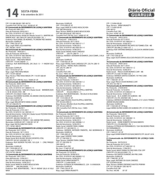 14                 sextA-feiRA
                   9 de setembro de 2011
                                                                                                                                                     Diário Oficial
                                                                                                                                                      GUARUJÁ
CPF: 310.588.308-80 CBO: 06710                                  Município: GUARUJÁ                                        CPF: 115.696.428-85
Conselho Prof: CRF No. Inscr.: 36249 UF: SP                     CEP: 11410-040 UF: SP                                     Resp. Técnico: VIRNA VAGNOTTI
07.Comunicado de DefeRiMeNtO De LiCeNÇA sANitÁRiA               Resp. Legal: MARCIA OLMOS MOUCACHEN                       CPF: 115.696.428-85
No. Protocolo: 6981/2011                                        CPF: 048.399.638-60                                       CBO: 06310
Data de Protocolo: 04/03/2011                                   Resp. Técnico: MARCIA OLMOS MOUCACHEN                     Conselho Prof: CRO
No. CEVS: 351870101-471-000128-1-5                              CPF: 048.399.638-60 CBO: 06310                            No. Inscr.: 43581 UF: SP
Data de Vencimento: 09/06/2012Razão Social: V. L. MARTINS MI-   Conselho Prof: CRO No. Inscr.: 24000 UF: SP               17.Comunicado de DefeRiMeNtO De LiCeNÇA sANitÁRiA
NIMERCADO - ME CNPJ/CPF: 004.678.302/0001-74( )                 13.Comunicado de DefeRiMeNtO De LiCeNÇA sANitÁRiA         No. Protocolo: 34452/2010
Endereço: RUA DANIEL DE MORAES, 79 JARDIM TRES MARIAS           No. Protocolo: 33963/2010                                 Data de Protocolo: 02/12/2010
Município: GUARUJÁ                                              Data de Protocolo: 30/11/2010                             No. CEVS: 351870101-561-000224-1-1
CEP: 11440-330 UF: SP                                           No. CEVS: 351870101-863-000157-1-7                        Data de Vencimento: 16/06/2012
Resp. Legal: VERA LUCIA MARTINS                                 Data de Vencimento: 14/06/2012                            Razão Social: RESTAURANTE RECANTO DO TOMBO LTDA - ME
CPF: 766.681.778-91                                             No. CEVS: 351870101-863-000158-1-4                        CNPJ/CPF: 003.906.271/0001-07( )
08.Comunicado de DefeRiMeNtO De LiCeNÇA sANitÁRiA               Data de Vencimento: 14/06/2012                            Endereço: RUA ANTÔNIO MARQUES, 30 LOJA 04 JARDIM GUAIU-
No. Protocolo: 9934/2011                                        Razão Social: RAFAEL RUAS CARDOSO                         BA
Data de Protocolo: 06/04/2011                                   CNPJ/CPF:       220.741.288/19 - ( )                      Município: GUARUJÁ
No. CEVS: 351870101-863-000789-1-3                              Endereço: AVENIDA ADHEMAR DE BARROS ,2925 COMPL. 3 VILA   CEP: 11421-030 UF: SP
Data de Vencimento: 10/03/2012                                  LIGIA                                                     Resp. Legal: ALIETE MARIA JESUS DOS PASSOS CPF: 034.843.058-
Razão Social: FRED KENJI WADA                                   Município: GUARUJÁ                                        27
CNPJ/CPF: 119.597.568/69 - ( )                                  CEP: 11430-002 UF: SP                                     18.Comunicado de DefeRiMeNtO De LiCeNÇA sANitÁRiA
Endereço: RUA MONTENEGRO, 295 SALA 13 - 1º ANDAR VILA           Resp. Legal: RAFAEL RUAS CARDOSO CPF: 220.741.288-19      No. Protocolo: 34097/2010
MAIA                                                            Resp. Técnico: RAFAEL RUAS CARDOSO                        Data de Protocolo: 30/11/2010
Município: GUARUJÁ                                              CPF: 220.741.288-19                                       No. CEVS: 351870101-561-000573-1-2
CEP: 11410-010 UF: SP                                           CBO: 06310                                                Data de Vencimento: 16/06/2012
Resp. Legal: FRED KENJI WADA                                    Conselho Prof: CRO                                        Razão Social: PAULO CESAR MORAES CURY - ME
CPF: 119.597.568-69                                             No. Inscr.: 79957 UF: SP                                  CNPJ/CPF: 012.928.197/0001-02( )
Resp. Técnico: FRED KENJI WADA CPF: 119.597.568-69              14.Comunicado de DefeRiMeNtO De LiCeNÇA sANitÁRiA         Endereço: AVENIDA SANTOS DUMONT, 747 PAE CARA
CBO: 06157                                                      No. Protocolo: 10920/2011                                 Município: GUARUJÁ
Conselho Prof: CRM No. Inscr.: 76494 UF: SP                     Data de Protocolo: 15/04/2011                             CEP: 11460-001 UF: SP
09.Comunicado de DefeRiMeNtO De LiCeNÇA sANitÁRiA               No. CEVS: 351870101-863-000160-1-2                        Resp. Legal: PAULO CESAR MORAES CURY
No. Protocolo: 30491/2010                                       Data de Vencimento: 14/06/2012                            CPF: 855.163.768-15
Data de Protocolo: 03/11/2010                                   No. CEVS: 351870101-863-000161-1-0                        19.Comunicado de DefeRiMeNtO De LiCeNÇA sANitÁRiA
No. CEVS: 351870101-471-000073-1-5                              Data de Vencimento: 14/06/2012                            No. Protocolo: 27639/2010
Data de Vencimento: 14/06/2012 Razão Social: MINIMERCADO        Razão Social: REGINA CÉLIA FELIPPELLI MARTINS             Data de Protocolo: 13/10/2010
C. M. W. SOUZA LTDA - ME                                        CNPJ/CPF:       933.632.498/53 - ( )                      No. CEVS: 351870101-472-000225-1-9
CNPJ/CPF: 010.508.817/0001-29( )                                Endereço: RUA MONTENEGRO , 196 SALA 43 VILA MAIA          Data de Vencimento: 16/06/2012
Endereço: RUA MÁRIO SILVEIRA, 48 JARDIM CONCEIÇÃOZINHA          Município: GUARUJÁ                                        Razão Social: M. A. GOMES DE ALMEIDA - ME
Município: GUARUJÁ                                              CEP: 11410-040 UF: SP                                     CNPJ/CPF: 012.701.269/0001-84( )
CEP: 11472-020 UF: SP                                           Resp. Legal: REGINA CÉLIA FELIPPELLI MARTINS              Endereço: AVENIDA ADHEMAR DE BARROS, 2131 LOJA 3 TERREO
Resp. Legal: WALDIR NETO VIEIRA JUNIOR                          CPF: 933.632.498-53                                       JARDIM HELENA MARIA
CPF: 321.458.078-70                                             Resp. Técnico: REGINA CÉLIA FELIPPELLI MARTINS            Município: GUARUJÁ
10.Comunicado de DefeRiMeNtO De LiCeNÇA sANitÁRiA               CPF: 933.632.498-53                                       CEP: 11430-003 UF: SP Resp.
No. Protocolo: 3138/2011                                        CBO: Conselho Prof: CRO No. Inscr.: 15805                 Legal: MÁRIO ALTINO GOMES DE ALMEIDA CPF: 317.917.858-24
Data de Protocolo: 27/01/2011                                   UF: SP
No. CEVS: 351870101-561-000164-1-1                              15.Comunicado de DefeRiMeNtO De LiCeNÇA sANitÁRiA         20.Comunicado de DefeRiMeNtO De LiCeNÇA sANitÁRiA
Data de Vencimento: 14/06/2012 Razão Social: PIZZARIA ENSEA-    No. Protocolo: 30690/2010                                 No. Protocolo: 19654/2010
DA DO GUARUJÁ LTDA - EPP                                        Data de Protocolo: 04/11/2010                             Data de Protocolo: 26/07/2010
CNPJ/CPF: 000.930.740/0001-27( )                                No. CEVS: 351870101-863-000985-1-5                        No. CEVS: 351870101-561-000588-1-5
Endereço: AVENIDA D. PEDRO I, 1265 JARDIM TRÊS MARIAS           Data de Vencimento: 16/06/2012                            Data de Vencimento: 16/06/2012
Município: GUARUJÁ CEP: 11440-001 UF: SP                        No. CEVS: 351870101-863-000986-1-2                        Razão Social: DIANE ROBERTO DO NASCIMENTO
Resp. Legal: NICOLA WALTER FORTE                                Data de Vencimento: 16/06/2012                            CNPJ/CPF: 012.276.969/0001-79( )
CPF: 118.561.908-97                                             Razão Social: SANDRO TAIRA CAMBA                          Endereço: ESTRADA DO PERNAMBUCO, 1564 BALNEÁRIO PRAIA
11.Comunicado de DefeRiMeNtO De LiCeNÇA sANitÁRiA               CNPJ/CPF: 271.282.958/10 - ( )                            DO PERNAMBUCO
No. Protocolo: 32271/2010                                       Endereço: AVENIDA ANTENOR PIMENTEL, 965 MORRINHOS II      Município: GUARUJÁ
Data de Protocolo: 18/11/2010                                   Município: GUARUJÁ                                        CEP: 11443-411 UF: SP
No. CEVS: 351870101-561-000511-1-0                              CEP: 11495-000 UF: SP                                     Resp. Legal: DIANE ROBERTO DO NASCIMENTO CPF: 342.871.618-
Data de Vencimento: 14/06/2012                                  Resp. Legal: SANDRO TAIRA CAMBA                           31
Razão Social: BLEU BLANC ROUGE ESPORTES LTDA.                   CPF: 271.282.958-10                                       21.Comunicado de DefeRiMeNtO De LiCeNÇA sANi-
CNPJ/CPF: 047.621.420/0001-59( )                                Resp. Técnico: SANDRO TAIRA CAMBA                         tÁRiA
Endereço: RUA AGENOR FISCHER, 130 LOJA 1 - CING PARQUE          CPF: 271.282.958-10                                       No. Protocolo: 34570/2010
GUAIUBA                                                         CBO: 06310                                                Data de Protocolo: 03/12/2010
Município: GUARUJÁ                                              Conselho Prof: CRO                                        No. CEVS: 351870101-477-000109-1-0
CEP: 11420-000 UF: SP                                           No. Inscr.: 77.683 UF: SP                                 Data de Vencimento: 17/06/2012
Resp. Legal: FLORENCE BALAY                                     16.Comunicado de DefeRiMeNtO De LiCeNÇA sANitÁRiA         Razão Social: MAXX FARMA DO PAECARÁ LTDA EPP
CPF: 014.701.308-90                                             No. Protocolo: 23133/2010                                 CNPJ/CPF: 010.363.632/0001-73( )
12.Comunicado de DefeRiMeNtO De LiCeNÇA sANitÁRiA               Data de Protocolo: 30/08/2010                             Endereço: VIA SANTOS DUMONT, 843 PAE CARA
No. Protocolo: 10917/2011                                       No. CEVS: 351870101-863-000983-1-0                        Município: GUARUJÁ
Data deProtocolo: 15/04/2011                                    Data de Vencimento: 16/06/2012                            CEP: 11460-001 UF: SP
No. CEVS: 351870101-863-000182-1-0                              Razão Social: VIRNA VAGNOTTI                              Resp. Legal: ANTONIO DA SILVA CANDIDO
Data de Vencimento: 14/06/2012                                  CNPJ/CPF: 115.696.428/85 - ( )                            CPF: 070.049.918-06
Razão Social: MARCIA OLMOS MOUCACHEN                            Endereço: ESTRADA DE PERNAMBUCO , 229 - 5 A ENSEADA       Resp. Técnico: DENNIS FREDERICO BASTOS PEREIRA
CNPJ/CPF:      048.399.638/60 - ( )                             Município: GUARUJÁ                                        CPF: 337.730.598-09 CBO: 06710
Endereço: RUA MONTENEGRO , 196 4º ANDAR SALA 43 VILA            CEP: 11443-530 UF: SP                                     Conselho Prof: CRF
MAIA                                                            Resp. Legal: VIRNA VAGNOTTI                               No. Inscr.: 48.396   UF: SP
 