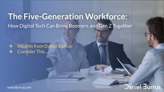 The Five-Generation Workforce:
How Digital Tech Can Bring Boomers and Gen Z Together
❖ Insights from Daniel Burrus
❖ Consider This…
www.Burrus.com
 