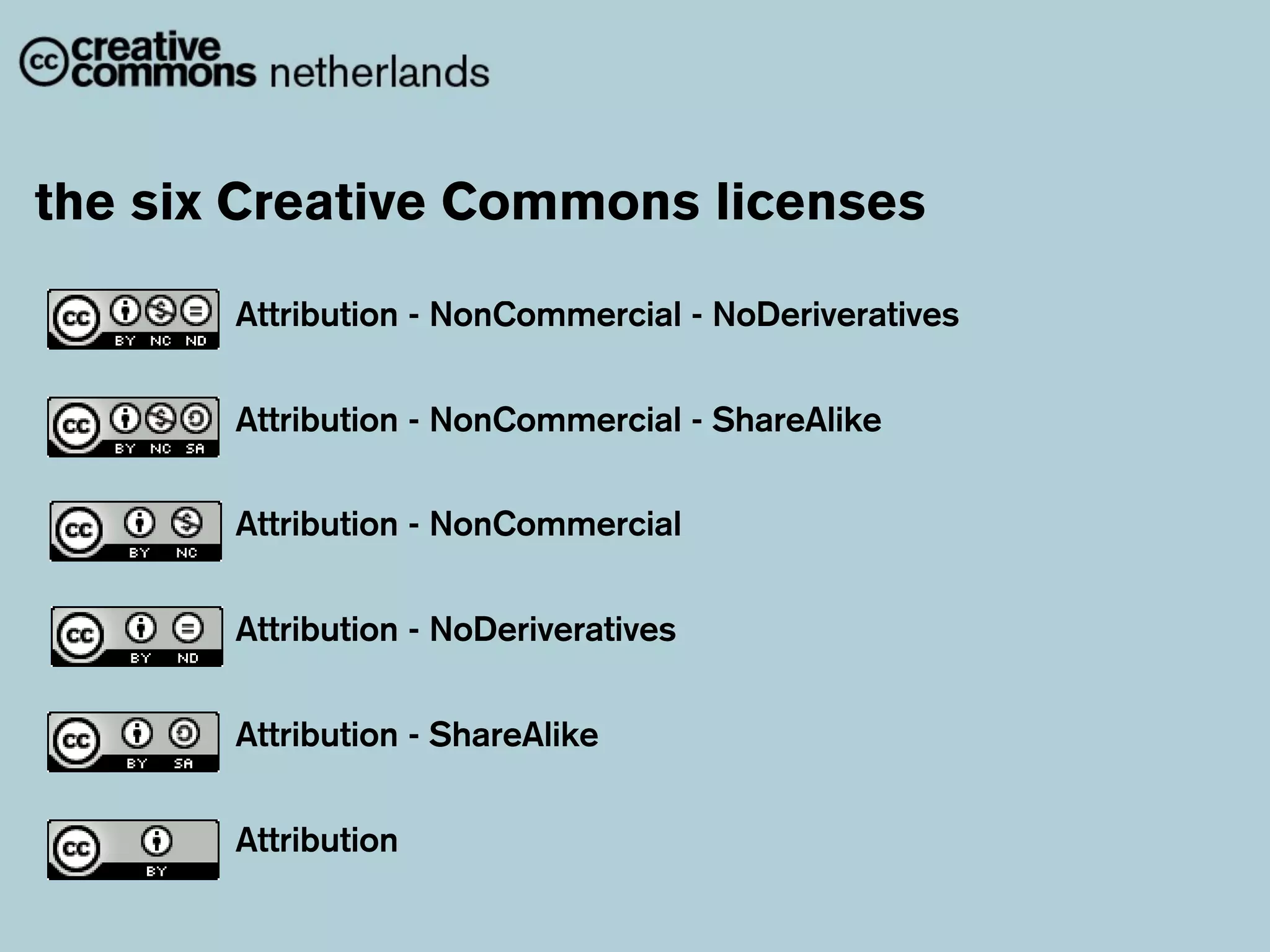 the six Creative Commons licenses

       Attribution - NonCommercial - NoDeriveratives


       Attribution - NonCommercial - ShareAlike


       Attribution - NonCommercial


       Attribution - NoDeriveratives


       Attribution - ShareAlike


       Attribution
 