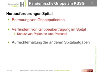 Pandemische Grippe am KSSG   17




Herausforderungen Spital
   Betreuung von Grippepatienten

   Verhindern von Grippeübertragung im Spital
                Schutz von Patienten und Personal

   Aufrechterhaltung der anderen Spitalaufgaben




                                                          Fachbereich Infektiologie / Spitalhygiene
30.07.2009
 