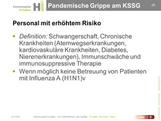 Pandemische Grippe am KSSG         26




 Personal mit erhöhtem Risiko

  Definition: Schwangerschaft, Chronische
   Krankheiten (Atemwegserkrankungen,
   kardiovaskuläre Krankheiten, Diabetes,
   Nierenerkrankungen), Immunschwäche und
   immunosuppressive Therapie
  Wenn möglich keine Betreuung von Patienten
   mit Influenza A (H1N1)v




                                                     Fachbereich Infektiologie / Spitalhygiene
30.07.2009
 
