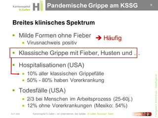 Pandemische Grippe am KSSG           9




 Breites klinisches Spektrum

  Milde Formen ohne Fieber  Häufig
                Virusnachweis positiv

  Klassische Grippe mit Fieber, Husten und …
  Hospitalisationen (USA)
              10% aller klassischen Grippefälle




                                                                  Fachbereich Infektiologie / Spitalhygiene
              50% - 80% haben Vorerkrankung

  Todesfälle (USA)
              2/3 bei Menschen im Arbeitsprozess (25-60j.)
              12% ohne Vorerkrankungen (Mexiko: 54%)
30.07.2009
 