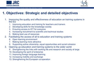 KERIS, Seoul, KoreaMeeting on ICT in Education Indicators, Busan, South-Korea, 7-9 July 2009
  International Expert on 19 June 2008                                                           7




1. Objectives: Strategic and detailed objectives
 1. Improving the quality and effectiveness of education an training systems in
    the EU
         1.       Improving education and training for teachers and trainers
         2.       Developing skills for the knowledge society
         3.       Ensuring access to ICT for everyone
         4.       Increasing recruitment to scientific and technical studies
         5.       Making best use of resources
 2. Facilitating the access of all to education and training systems
         6. Open learning environment
         7. Making learning more attractive
         8. Supporting active citizenship, equal opportunities and social cohesion
 3. Opening up education and training systems to the wider world
         9. Strengthening the links with working life and research and society at large
         10. Developing the spirit of enterprise
         11. Improving foreign language learning
         12. Increasing mobility and exchange
         13. Strengthening the European co-operation
 