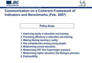 International Expert Meeting on ICT in Education Indicators, Busan, South-Korea, 7-9 July 2009          8




Communication on a Coherent Framework of
Indicators and Benchmarks (Feb. 2007)


                                                                                         Policy Areas

                                       1. Improving equity in education and training;
                                       2. Promoting efficiency in education and training;
                                       3. Making lifelong learning a reality;
                                       4. Key competencies among young people;
                                       5. Modernising school education,
                                       6. Modernising VET (the Copenhagen process);
                                       7. Modernising higher education (the Bologna process);
                                       8. Employability.
 