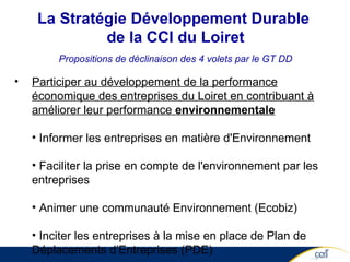 Participer au développement de la performance économique des entreprises du Loiret en contribuant à améliorer leur performance  environnementale Informer les entreprises en matière d'Environnement Faciliter la prise en compte de l'environnement par les entreprises Animer une communauté Environnement (Ecobiz) Inciter les entreprises à la mise en place de Plan de Déplacements d’Entreprises (PDE) La Stratégie Développement Durable  de la CCI du Loiret Propositions de déclinaison des 4 volets par le GT DD 