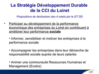 Participer au développement de la performance économique des entreprises du Loiret en contribuant à améliorer leur performance  sociale Informer, sensibiliser et motiver les entreprises à la performance sociale Accompagner les entreprises dans leur démarche de responsabilité sociale auprès de leurs salariés Animer une communauté Ressources Humaines et Management (Ecobiz) La Stratégie Développement Durable  de la CCI du Loiret Propositions de déclinaison des 4 volets par le GT DD 