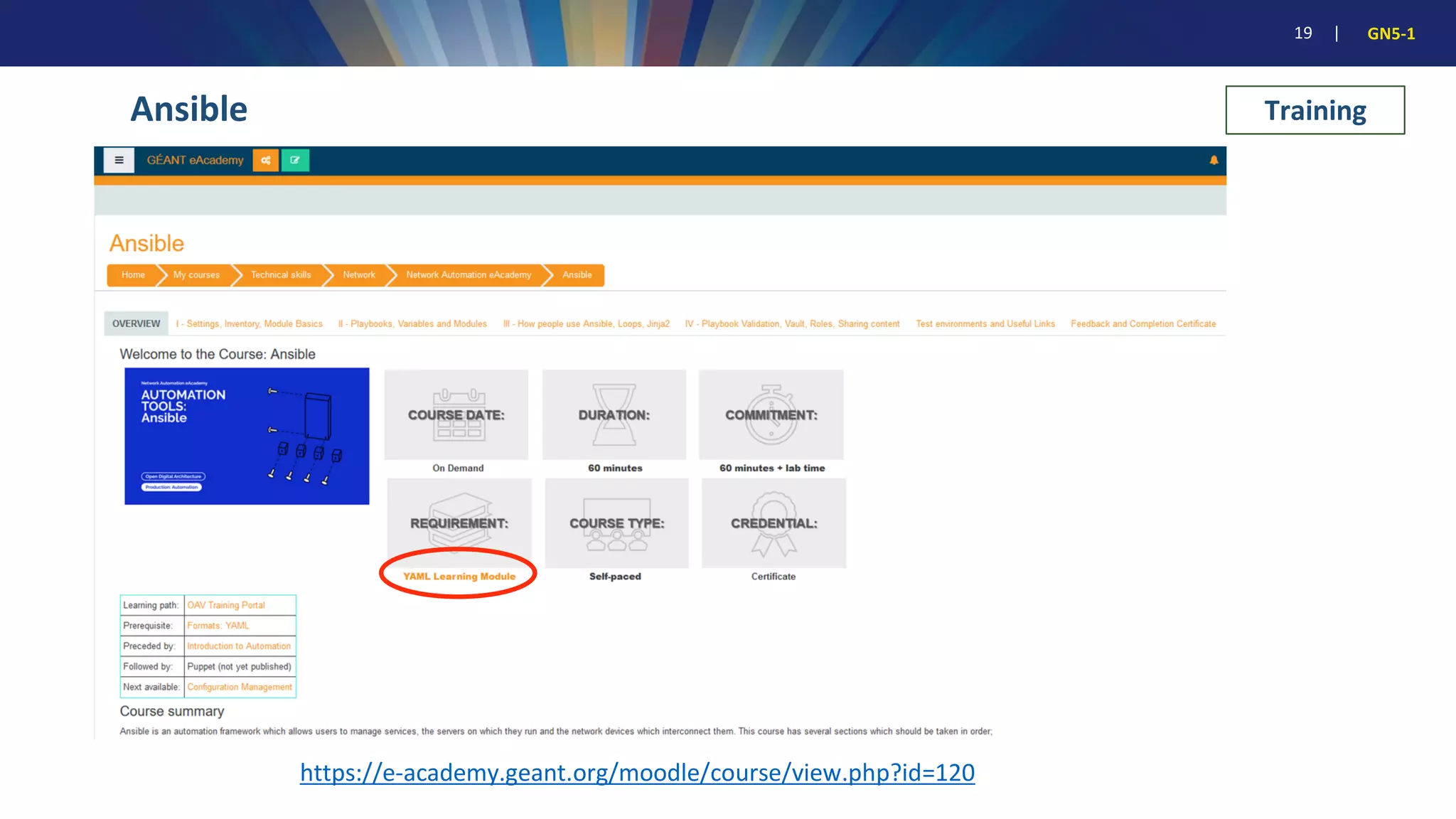 19 | GN5-1
Ansible
https://e-academy.geant.org/moodle/course/view.php?id=120
Training
 