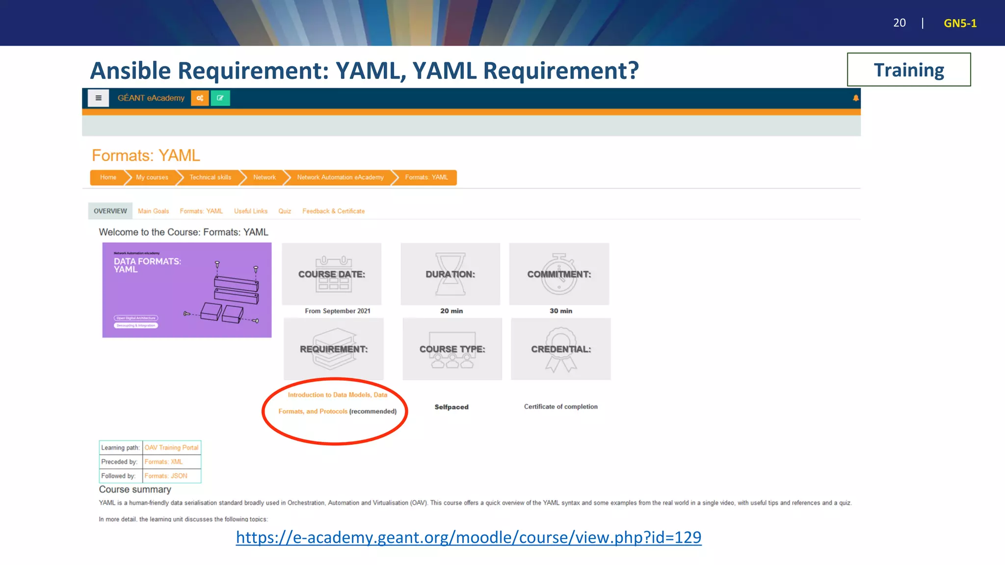 20 | GN5-1
Ansible Requirement: YAML, YAML Requirement?
https://e-academy.geant.org/moodle/course/view.php?id=129
Training
 