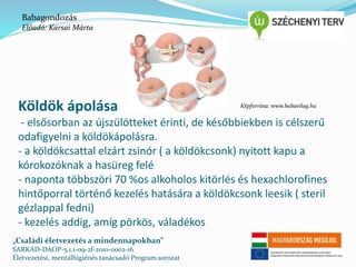 Babagondozás 
Előadó: Karsai Márta 
Köldök ápolása 
- elsősorban az újszülötteket érinti, de későbbiekben is célszerű 
odafigyelni a köldökápolásra. 
- a köldökcsattal elzárt zsinór ( a köldökcsonk) nyitott kapu a 
kórokozóknak a hasüreg felé 
- naponta többszöri 70 %os alkoholos kitörlés és hexachlorofines 
hintőporral történő kezelés hatására a köldökcsonk leesik ( steril 
gézlappal fedni) 
- kezelés addig, amíg pörkös, váladékos 
„Családi életvezetés a mindennapokban” 
SARKAD-DAOP-5.1.1-09-2f-2010-0002-16 
Életvezetési, mentálhigiénés tanácsadó Program sorozat 
Képforrása: www.babavilag.hu 
 
