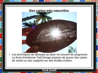 Des cartes très naturelles Les techniques de découpe au laser ne cessent de progresser. La firme brésilienne Tatil Design propose de graver des cartes de visites ou des supports sur des feuilles d’arbre. 