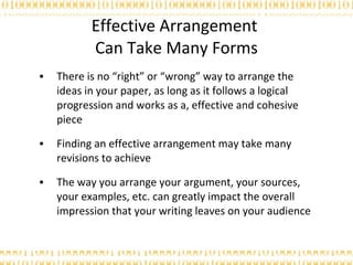 Effective Arrangement  Can Take Many Forms There is no “right” or “wrong” way to arrange the ideas in your paper, as long as it follows a logical progression and works as a, effective and cohesive piece Finding an effective arrangement may take many revisions to achieve The way you arrange your argument, your sources, your examples, etc. can greatly impact the overall impression that your writing leaves on your audience 