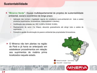 Sustentabilidade
14
 “Minerva Verde”’: Equipe multidepartamental de projetos de sustentabilidade
ambiental, social e econômico de longo prazo;
 Aplicação das normas e legislação vigente de compliance socio-ambiental em toda a cadeia
produtiva (suprimentos, fornecedores, colaboradores e clientes);
 Certificação das unidades (ex: ISO 14.000 e OHSAS 18.000);
 Rastreamento da carne (1a. Etapa), elevando gradualmente até atingir toda a cadeia de
suprimento;
 Fomento e gestão da eliminação do passivo ambiental das propriedades fornecedoras.
Planta MDF – Cooked Frozen
Plantas de produção - Carne bovina
Paraguai
 O Minerva não tem plantas na região
do Pará e já havia se antecipado em
estabelecer procedimentos em relação
aos suprimentos de matéria prima
localizados naquele estado.
 
