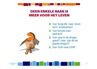 GEEN ENKELE BAAN IS
                  MEER VOOR HET LEVEN

                           § Van ‘long-life’ naar ‘short
                             term’ employment
                           § Van functie naar
                             opdracht
                           § Van ‘doe ik de dingen
                             goed?’ naar ‘zijn dit de
                             goede dingen?’
                           § Van YUP naar CHIP




© DIWANIYA B.V.                                            2
  19-8-2009
 