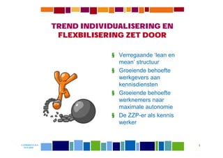 TREND INDIVIDUALISERING EN
                   FLEXBILISERING ZET DOOR

                              § Verregaande ‘lean en
                                mean’ structuur
                              § Groeiende behoefte
                                werkgevers aan
                                kennisdiensten
                              § Groeiende behoefte
                                werknemers naar
                                maximale autonomie
                              § De ZZP-er als kennis
                                werker


© DIWANIYA B.V.                                        3
  19-8-2009
 
