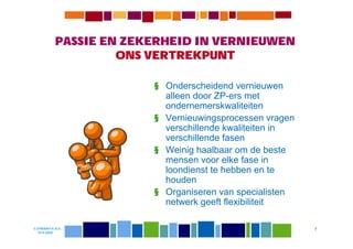 PASSIE EN ZEKERHEID IN VERNIEUWEN
                    ONS VERTREKPUNT

                        § Onderscheidend vernieuwen
                          alleen door ZP-ers met
                          ondernemerskwaliteiten
                        § Vernieuwingsprocessen vragen
                          verschillende kwaliteiten in
                          verschillende fasen
                        § Weinig haalbaar om de beste
                          mensen voor elke fase in
                          loondienst te hebben en te
                          houden
                        § Organiseren van specialisten
                          netwerk geeft flexibiliteit

© DIWANIYA B.V.                                          7
  19-8-2009
 