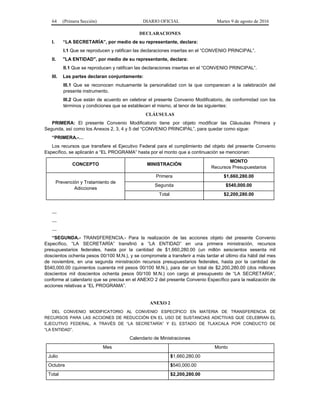 64 (Primera Sección) DIARIO OFICIAL Martes 9 de agosto de 2016
DECLARACIONES
I. “LA SECRETARÍA”, por medio de su representante, declara:
I.1 Que se reproducen y ratifican las declaraciones insertas en el “CONVENIO PRINCIPAL”.
II. "LA ENTIDAD", por medio de su representante, declara:
II.1 Que se reproducen y ratifican las declaraciones insertas en el “CONVENIO PRINCIPAL”.
III. Las partes declaran conjuntamente:
III.1 Que se reconocen mutuamente la personalidad con la que comparecen a la celebración del
presente instrumento.
III.2 Que están de acuerdo en celebrar el presente Convenio Modificatorio, de conformidad con los
términos y condiciones que se establecen el mismo, al tenor de las siguientes:
CLÁUSULAS
PRIMERA: El presente Convenio Modificatorio tiene por objeto modificar las Cláusulas Primera y
Segunda, así como los Anexos 2, 3, 4 y 5 del “CONVENIO PRINCIPAL”, para quedar como sigue:
“PRIMERA.-…
Los recursos que transfiere el Ejecutivo Federal para el cumplimiento del objeto del presente Convenio
Específico, se aplicarán a “EL PROGRAMA” hasta por el monto que a continuación se mencionan:
CONCEPTO MINISTRACIÓN
MONTO
Recursos Presupuestarios
Prevención y Tratamiento de
Adicciones
Primera $1,660,280.00
Segunda $540,000.00
Total $2,200,280.00
…
…
…
“SEGUNDA.- TRANSFERENCIA.- Para la realización de las acciones objeto del presente Convenio
Específico, “LA SECRETARÍA” transfirió a “LA ENTIDAD” en una primera ministración, recursos
presupuestarios federales, hasta por la cantidad de $1,660,280.00 (un millón seiscientos sesenta mil
doscientos ochenta pesos 00/100 M.N.), y se compromete a transferir a más tardar el último día hábil del mes
de noviembre, en una segunda ministración recursos presupuestarios federales, hasta por la cantidad de
$540,000.00 (quinientos cuarenta mil pesos 00/100 M.N.), para dar un total de $2,200,280.00 (dos millones
doscientos mil doscientos ochenta pesos 00/100 M.N.) con cargo al presupuesto de “LA SECRETARÍA”,
conforme al calendario que se precisa en el ANEXO 2 del presente Convenio Específico para la realización de
acciones relativas a “EL PROGRAMA”.
ANEXO 2
DEL CONVENIO MODIFICATORIO AL CONVENIO ESPECÍFICO EN MATERIA DE TRANSFERENCIA DE
RECURSOS PARA LAS ACCIONES DE REDUCCIÓN EN EL USO DE SUSTANCIAS ADICTIVAS QUE CELEBRAN EL
EJECUTIVO FEDERAL, A TRAVÉS DE “LA SECRETARÍA” Y EL ESTADO DE TLAXCALA POR CONDUCTO DE
“LA ENTIDAD”.
Calendario de Ministraciones
Mes Monto
Julio $1,660,280.00
Octubre $540,000.00
Total $2,200,280.00
 